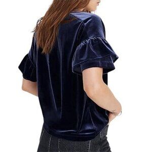 Holidays Winter Madewell Velvet Ruffle Short Sleeve Pullover Top Navy Women XS